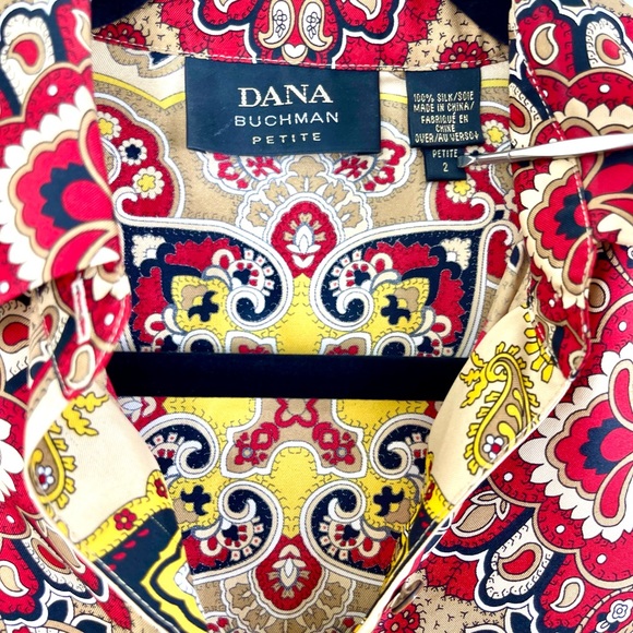 Mob Wife 100% Silk Shirt, Dana Buchman, Size 2 Petite, Gold & Red, Luxurious - Picture 2 of 13